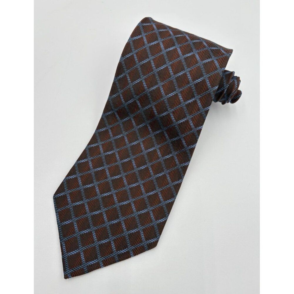 ERMENEGILDO ZEGNA Men's 100% Silk Necktie ITALY Luxury Designer Brown Blue EUC